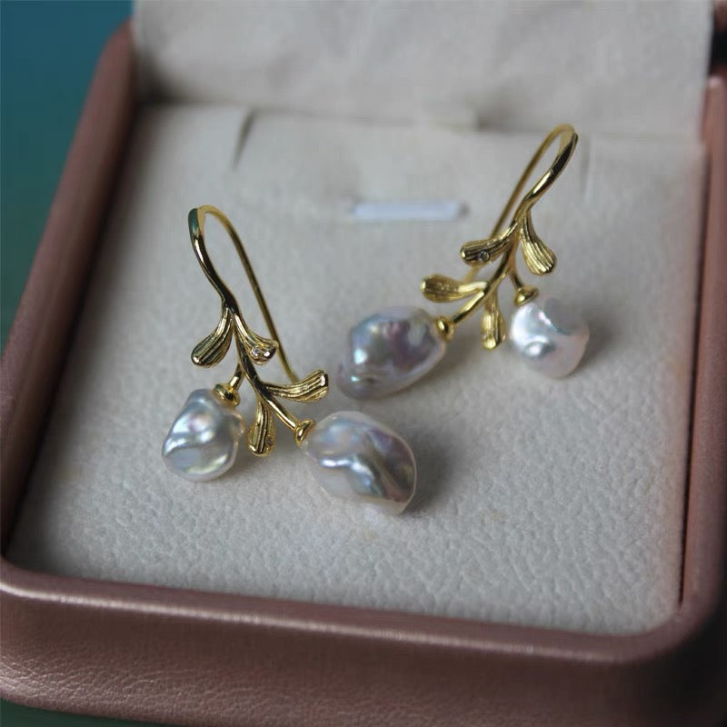 Natural Baroque Freshwater Pearl Earrings Flower Floral Pedal 925 Silver Earring Trendy Vintage Jewelry