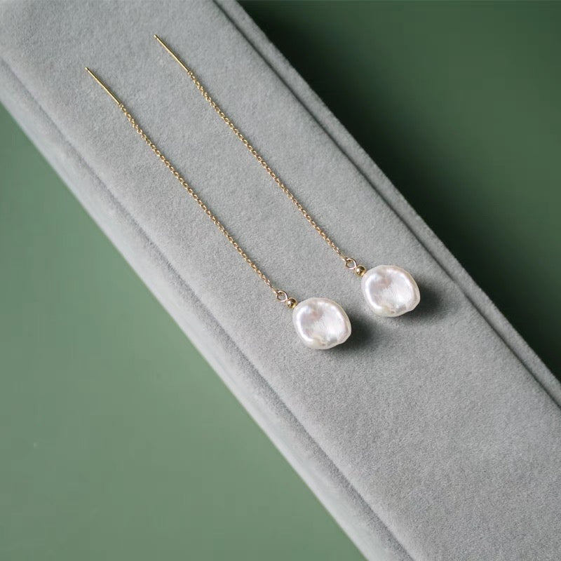 Floral Pedal Flower Pearl Dangle Earrings Long Wire Dainty Tassel Drop 14K Gold Earring Trendy Fashion Jewelry