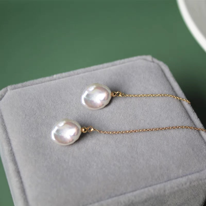 Floral Pedal Flower Pearl Dangle Earrings Long Wire Dainty Tassel Drop 14K Gold Earring Trendy Fashion Jewelry