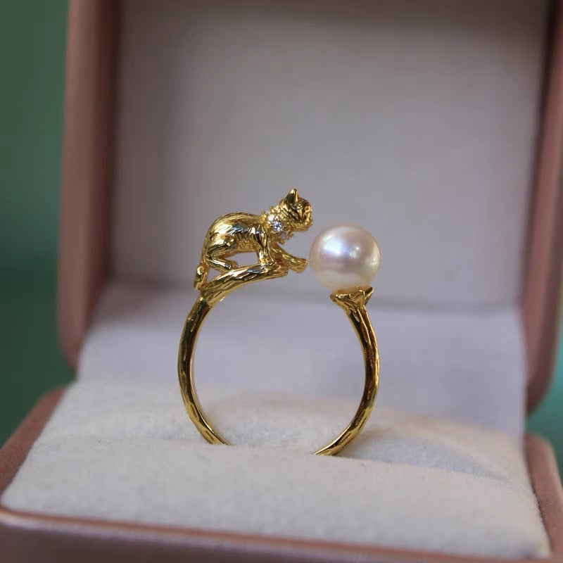 Cute Kitten Cat Pearl Ring Lovely Adorable Open Adjustable Gold Plated 925 Silver Ring Charm Sterling Jewelry