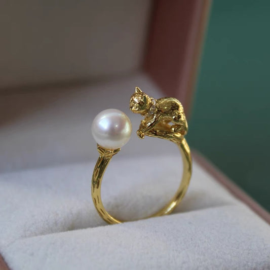 Cute Kitten Cat Pearl Ring Lovely Adorable Open Adjustable Gold Plated 925 Silver Ring Charm Sterling Jewelry