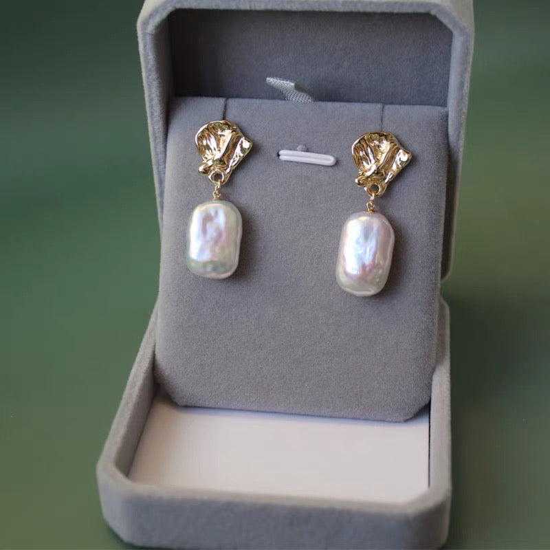 14K Gold Plated Baroque Natural Pearl Drop Earrings Hooks Charm Fahsion Trendy Vintage Jewelry