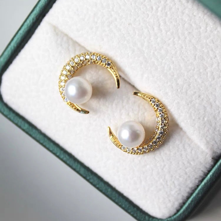 Natural Freshwater Pearl Crescent Moon Earrings Sterling Fashion Trendy Charm Vintage Jewelry for Women
