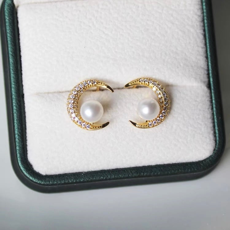 Natural Freshwater Pearl Crescent Moon Earrings Sterling Fashion Trendy Charm Vintage Jewelry for Women