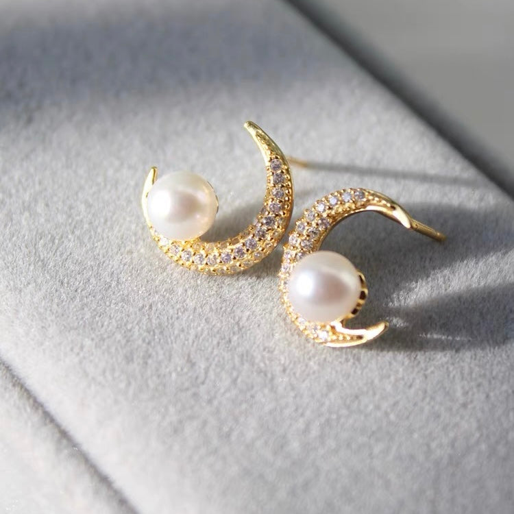 Natural Freshwater Pearl Crescent Moon Earrings Sterling Fashion Trendy Charm Vintage Jewelry for Women