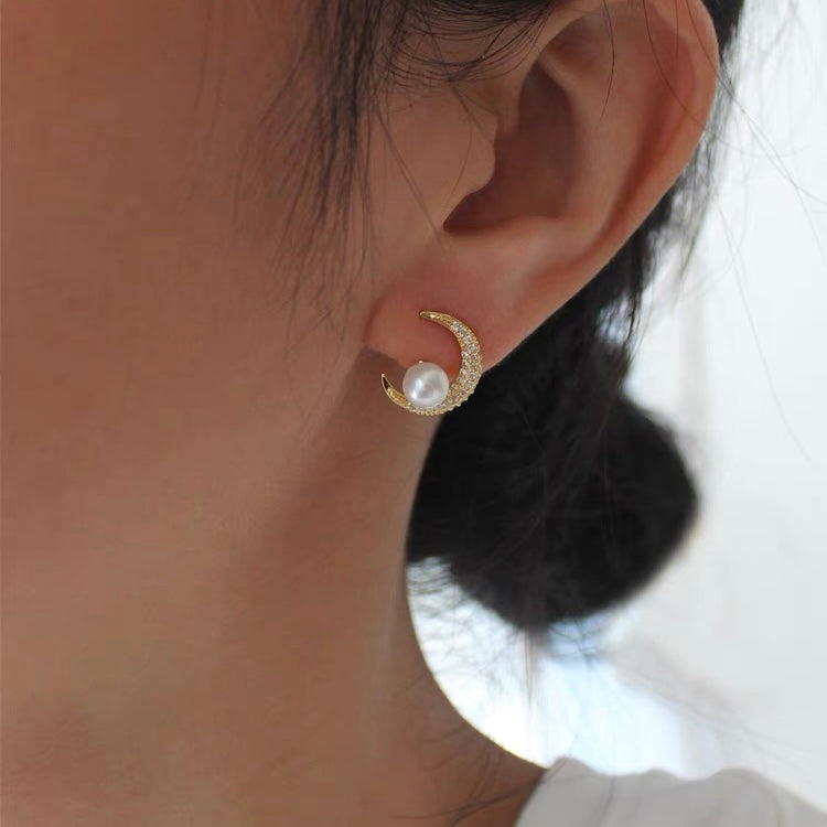 Natural Freshwater Pearl Crescent Moon Earrings Sterling Fashion Trendy Charm Vintage Jewelry for Women