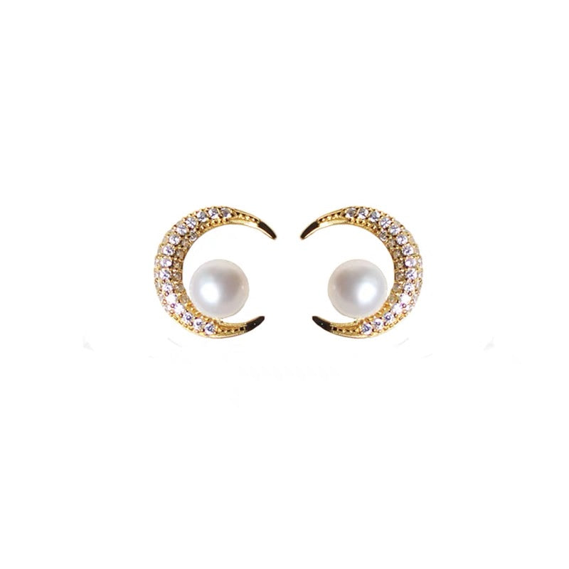 Natural Freshwater Pearl Crescent Moon Earrings Sterling Fashion Trendy Charm Vintage Jewelry for Women