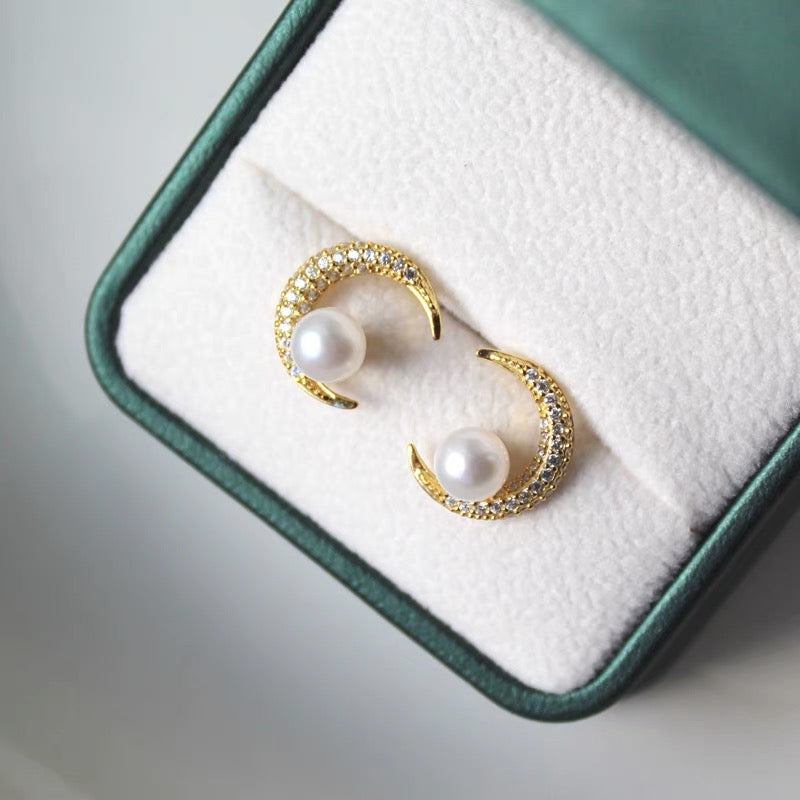 Natural Freshwater Pearl Crescent Moon Earrings Sterling Fashion Trendy Charm Vintage Jewelry for Women