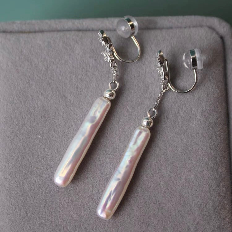 Natural Baroque Pearl Clip on Earrings No Piercing Long Tangle Tassel Sterling Silver Earring for Women