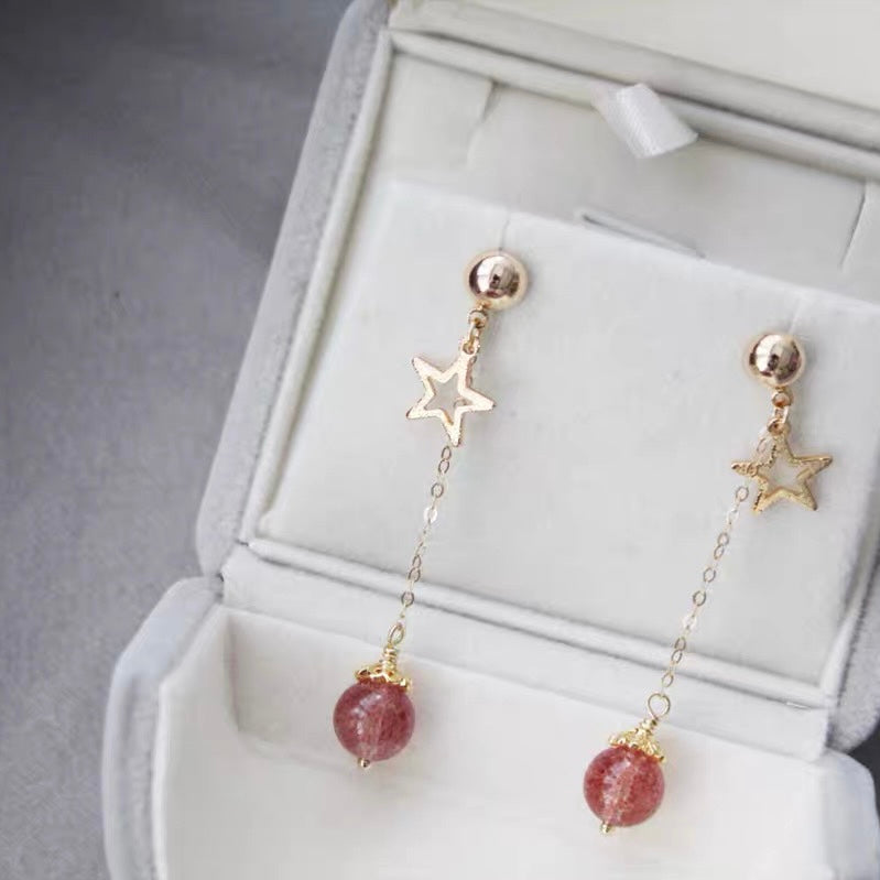 Pink Crystal Round Ball Stud Earrings Sterling Star Pendant Long Drop Tassel Charm Trendy Earrings