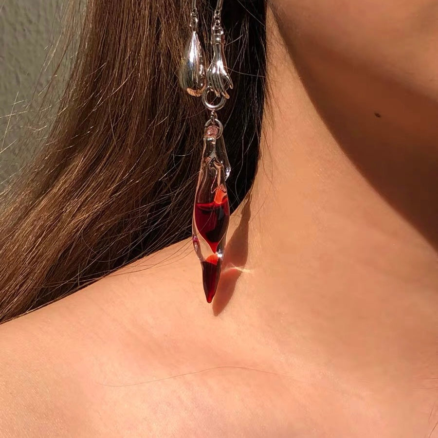 Burning Flames in Ears, Handmade Glass Dangle Drop Earrings Filled with Water Perfume, Fashion Trendy Jewelry