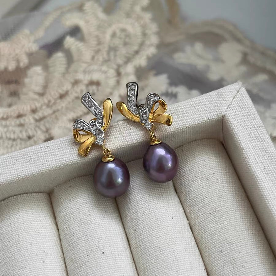 Purple Pearl Bownot Earrings Fashion Trendy Charm Luxury Retro Vintage Jewelry for Women
