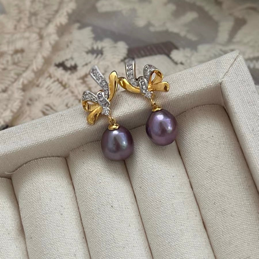 Purple Pearl Bownot Earrings Fashion Trendy Charm Luxury Retro Vintage Jewelry for Women
