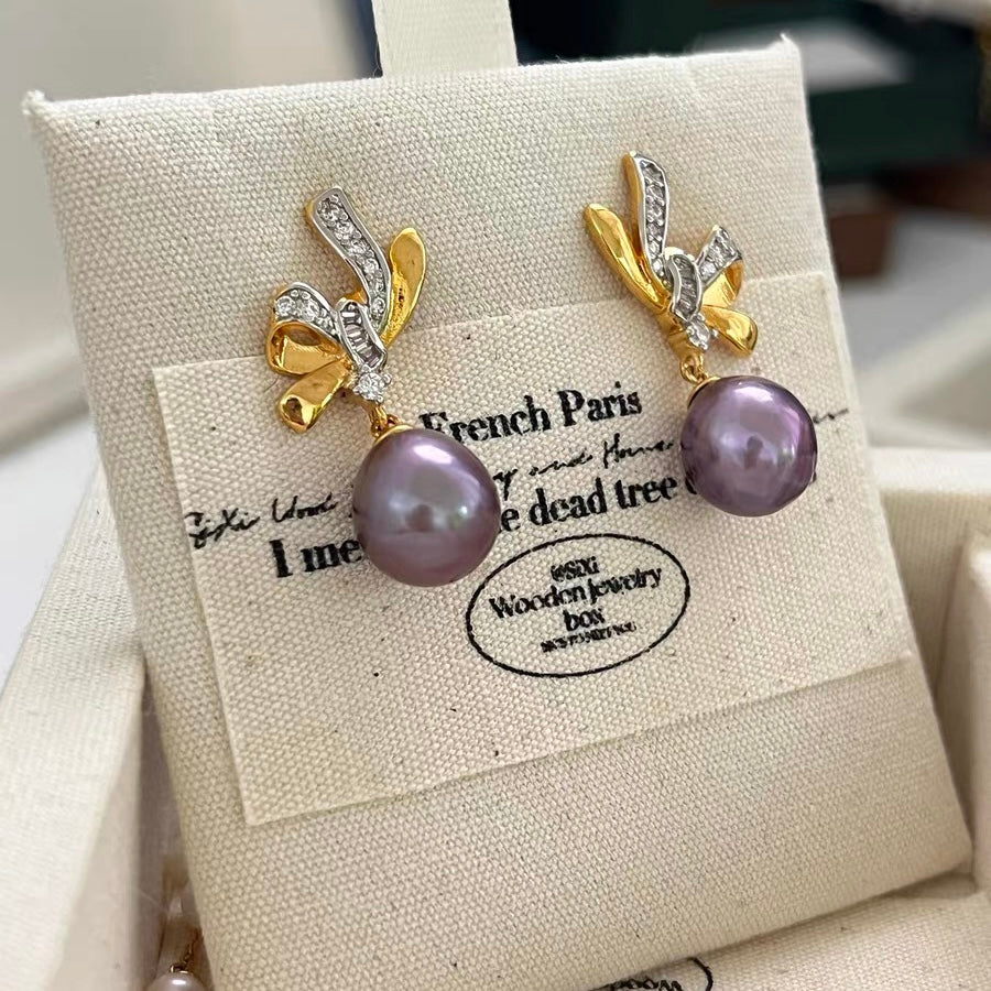 Purple Pearl Bownot Earrings Fashion Trendy Charm Luxury Retro Vintage Jewelry for Women