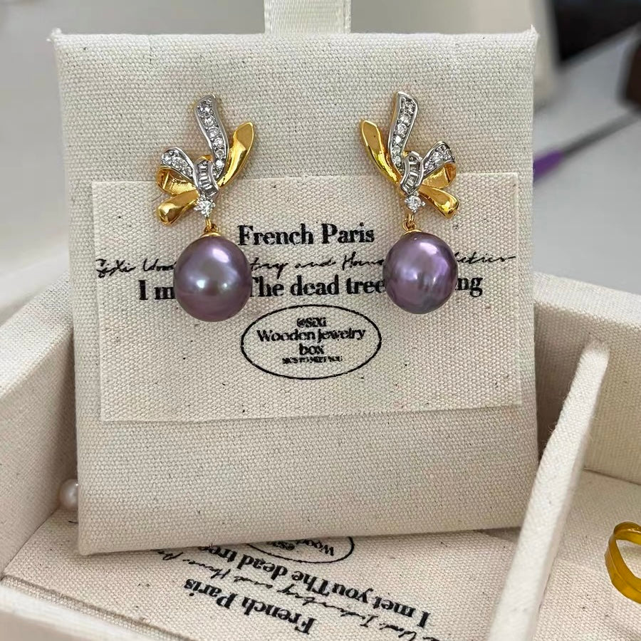 Purple Pearl Bownot Earrings Fashion Trendy Charm Luxury Retro Vintage Jewelry for Women
