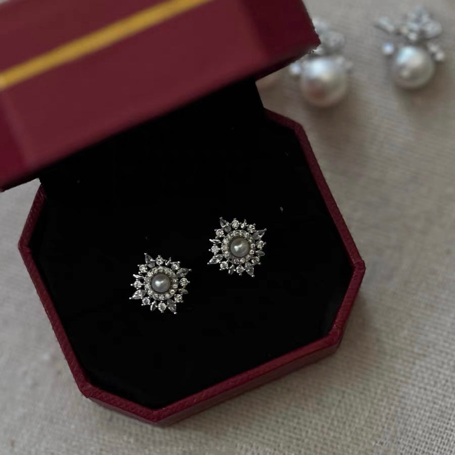 Sunshine Freshwater Cultured Pearl Stud Earrings Sterling Silver Rhinestone Charm Jewelry for Women
