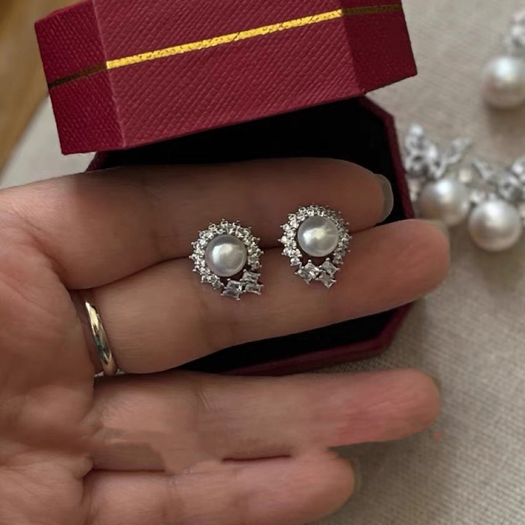 S925 Sterling Silver Cultured Freshwater Pearl Button Stud Earrings Vintage Jewelry for Women