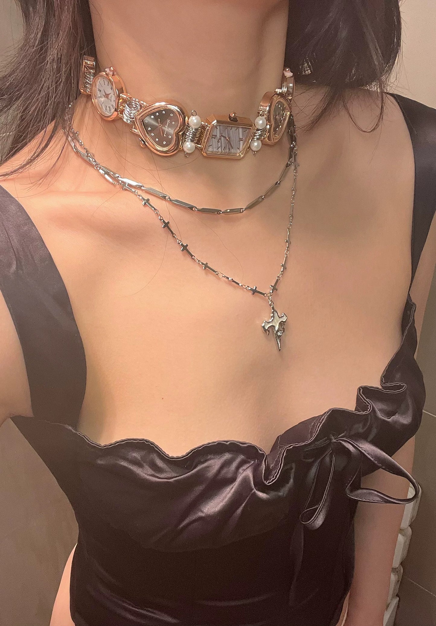Cyberpunk Retro Multicolor Watch Choker Necklace, Cross Layered Necklace,7 Clocks Choker, Y2K Necklace, perfect unique handmade Unisex gift