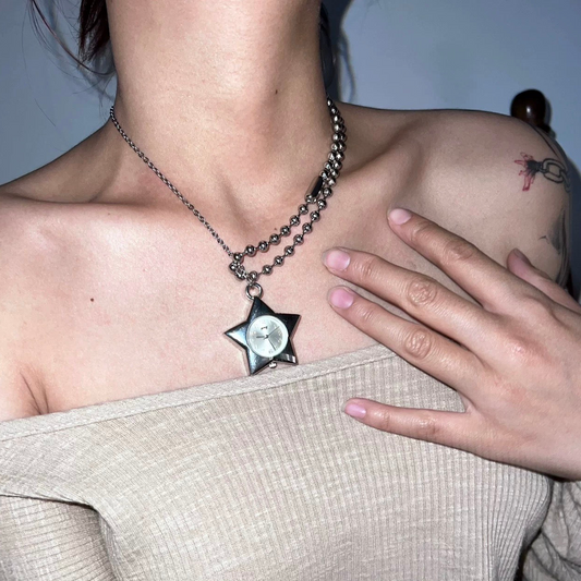 Retro Elegant Star  Silver Watch Choker Necklace,Clock Whimsical Neckalce,Funky Clock Choker,Y2K Watch Necklace, Trending Quartz Necklace