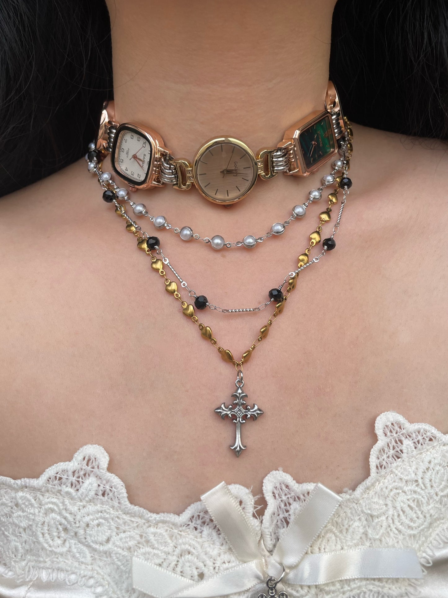 Five watches multi-colored watch choker, cross layered necklace