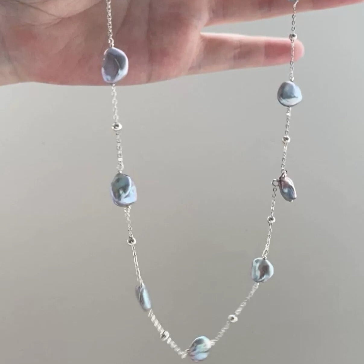 Handcrafted  Blue-Grey Freshwater Baroque Pearl Necklace in S925 silver,Genuine Freshwater Pearls,Collarbone chain, Sweater chain.