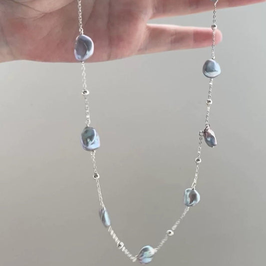 Handcrafted  Blue-Grey Freshwater Baroque Pearl Necklace in S925 silver,Genuine Freshwater Pearls,Collarbone chain, Sweater chain.