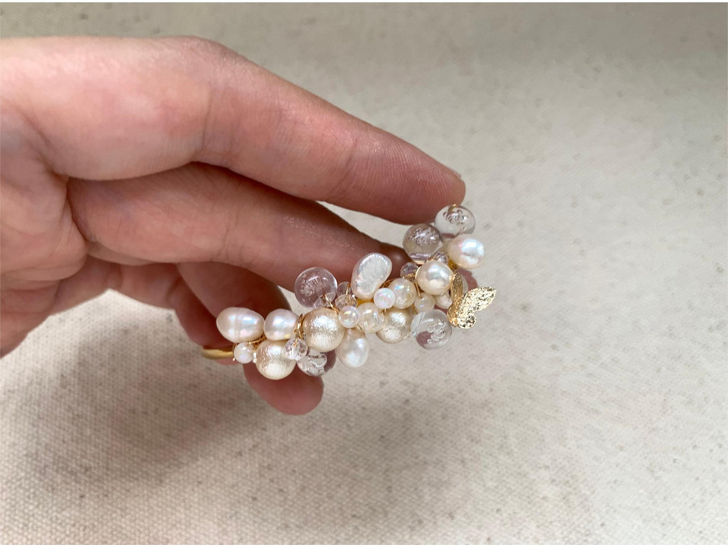 Vintage Bubble Resin Bead & Freshwater Pearl Cuff Bracelet with Hair Comb