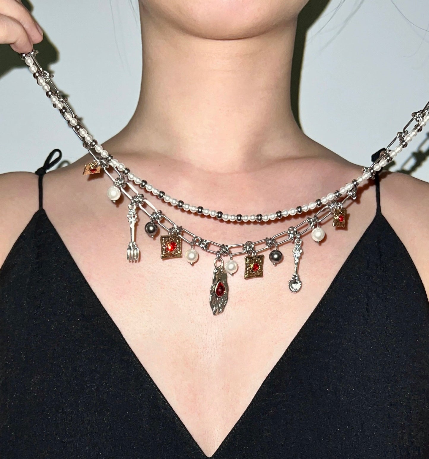 Vintage Cross Necklace with Ruby and Pearl Layering, Uniquely Cyberpunk Y2K Style Necklace, Punk Vintage, Men and Women necklace