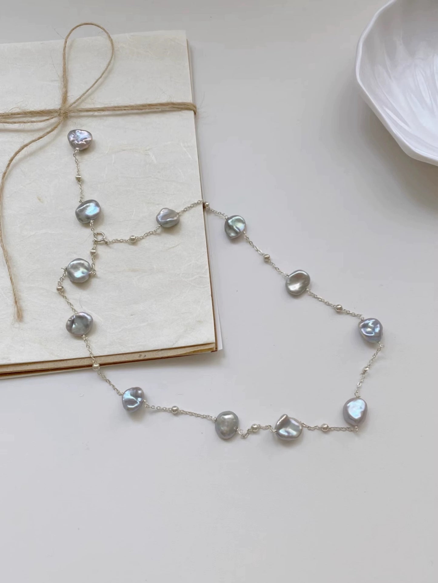 Handcrafted  Blue-Grey Freshwater Baroque Pearl Necklace in S925 silver,Genuine Freshwater Pearls,Collarbone chain, Sweater chain.