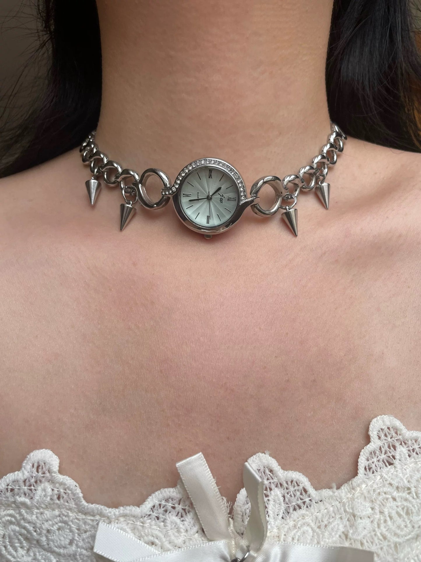 Cyberpunk Silver Chain Watch Necklace, Silver Spike Chunky Chain Necklace, Y2K Jewelry, Unisex Choker, Handmade Unique Gift