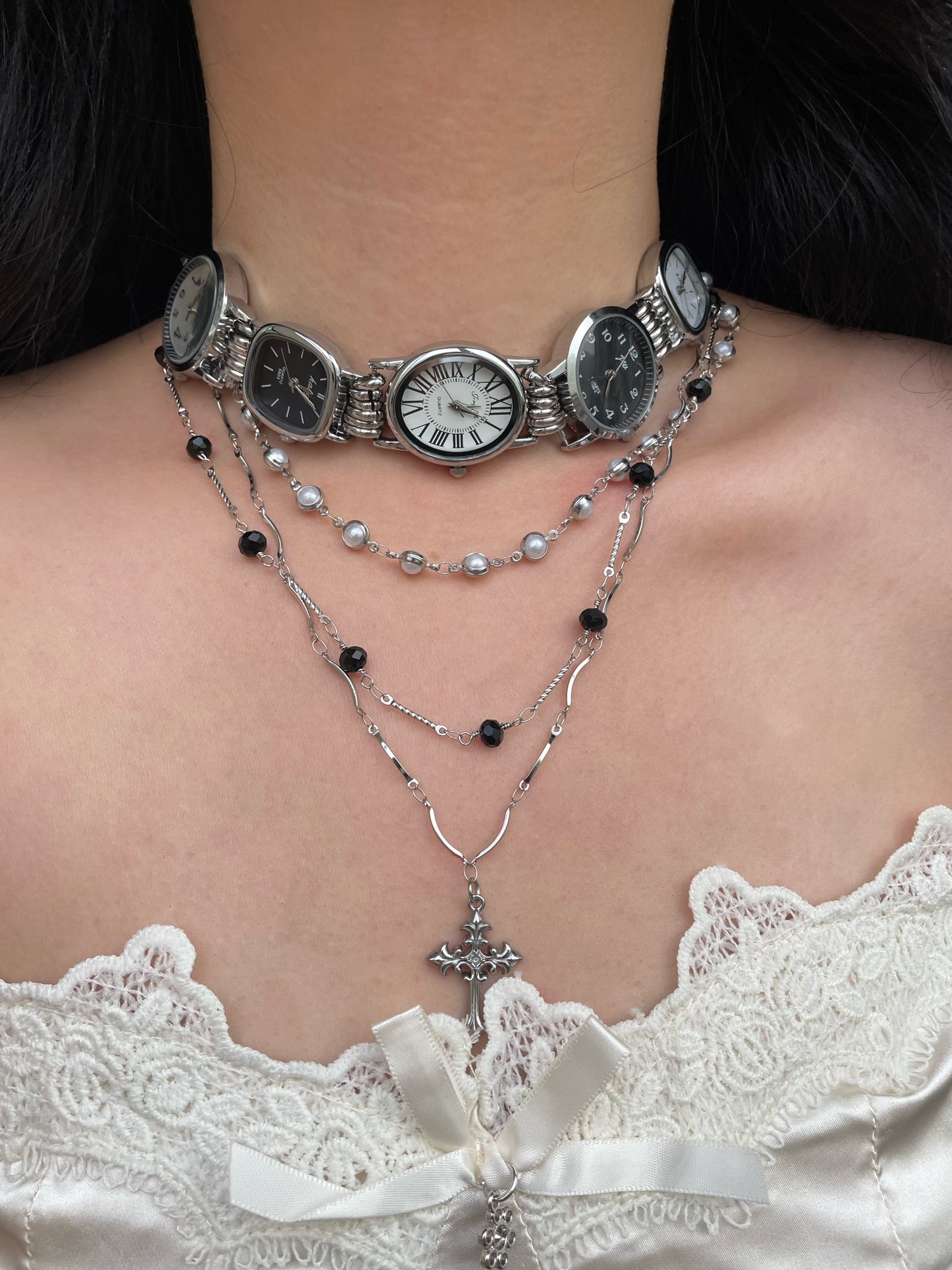 Five watches multi-colored watch choker, cross layered necklace