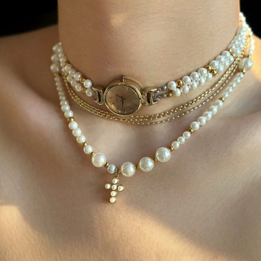 Elegant vintage watch pendant pearl choker, cross-pearl layered necklace