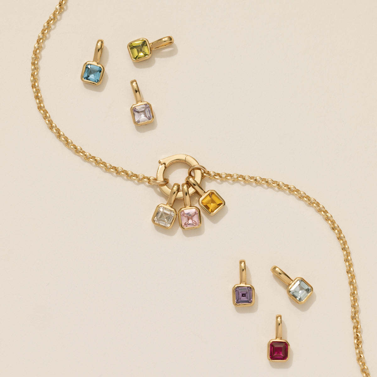 Zodiac Birthstone Necklace, Round Pendant with Colored Zirconia, Copper and Zirconia, 14k Gold Plated