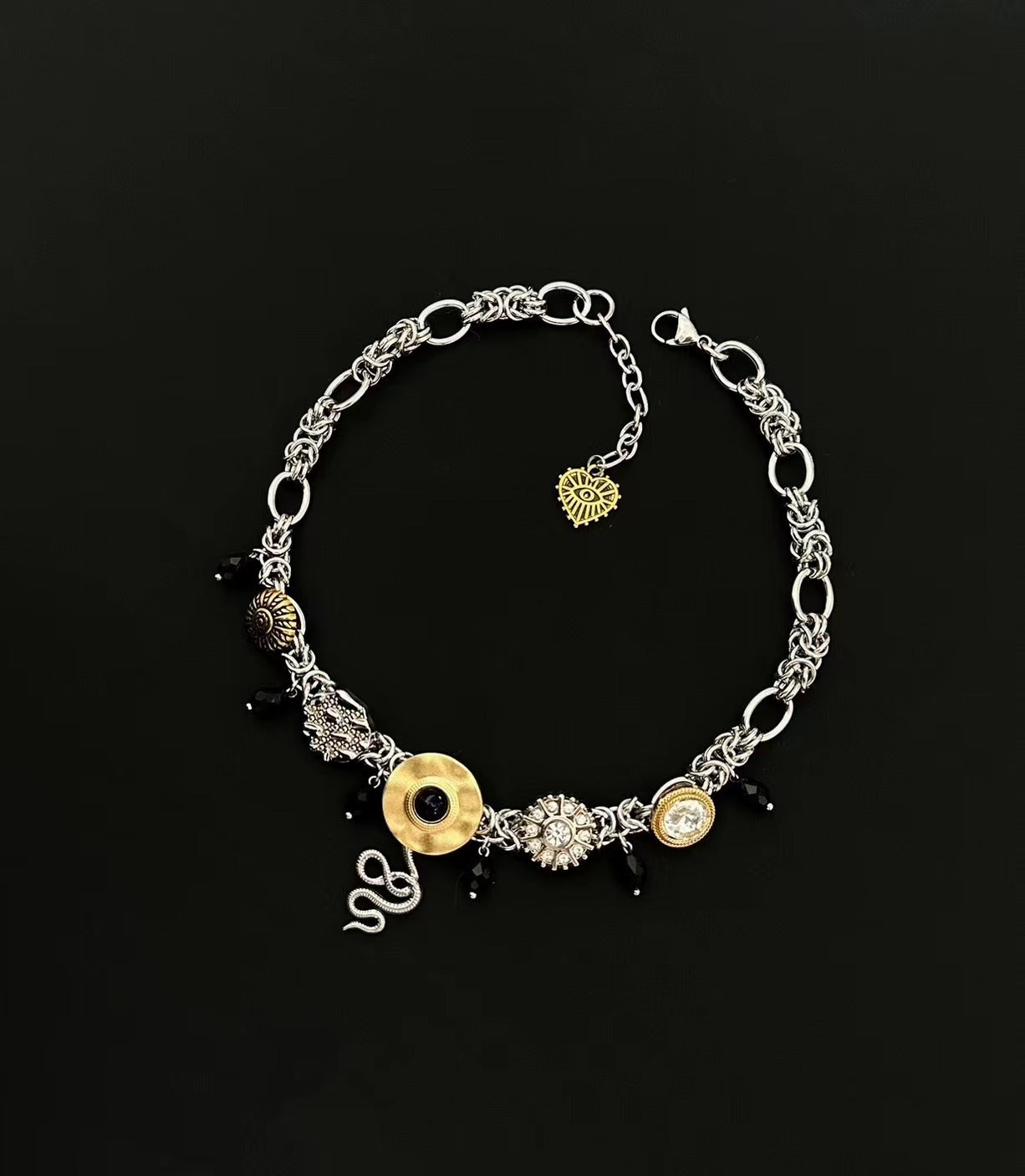 Vintage snake-shaped pendant silver necklace with whimsical button pendants, Y2K cyberpunk style, suitable for both men and women