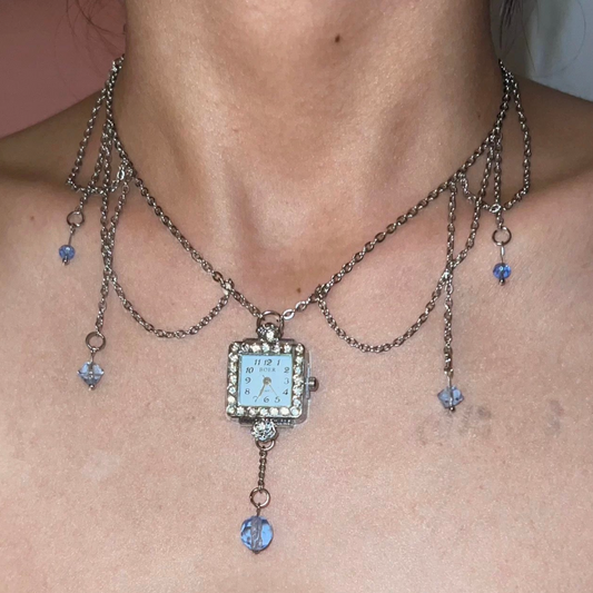 Vintage Wire Weaving Watch Choker, Elegant Crystal Tassel Silver Chain, Y2K  Necklace, Stylish Layered Silver Chain Accessory.