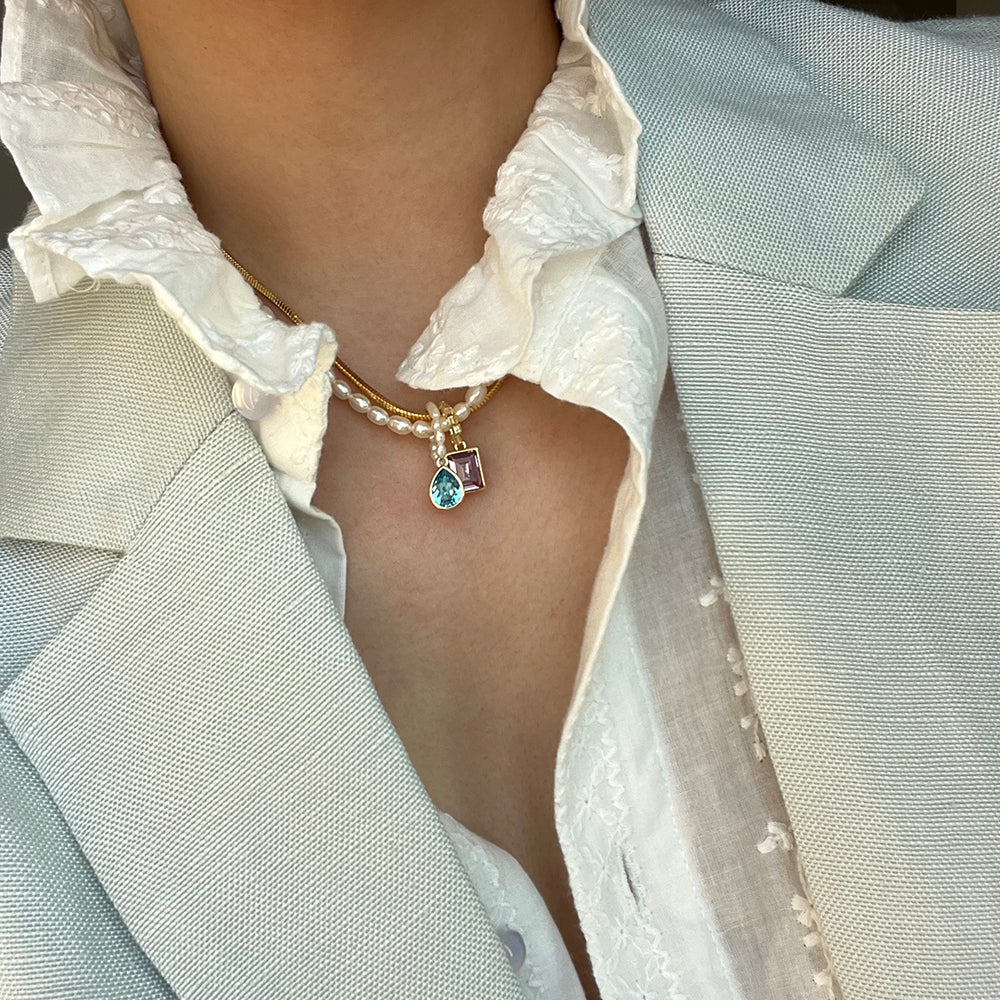 Multicolor Crystal and Natural Pearl DIY Layered Necklace with Titanium Steel Chain