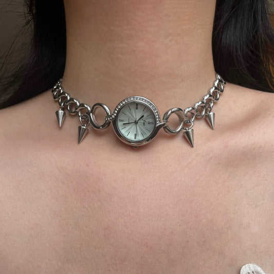 Cyberpunk Silver Chain Watch Necklace, Silver Spike Chunky Chain Necklace, Y2K Jewelry, Unisex Choker, Handmade Unique Gift