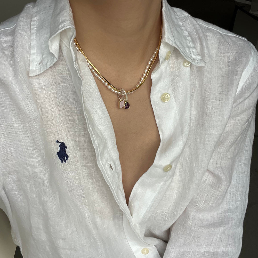 Multicolor Crystal and Natural Pearl DIY Layered Necklace with Titanium Steel Chain