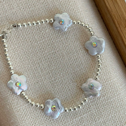 Floral Diamond Sterling Silver Baroque Natural Freshwater Pearl, Adjustable Chain