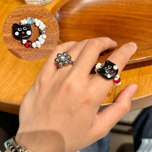 Cute Cat Beaded Ring Female Black Cat Head Index Finger Rings Fashion Jewelry