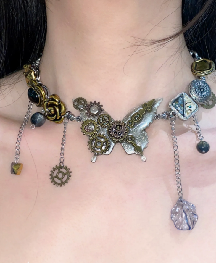 Cyber Punk Vintage Button Bead Choker, Gear and Flower Titanium Steel Chunky Chain Necklace,Y2KAccessories, Perfect Unique Handmade Gift