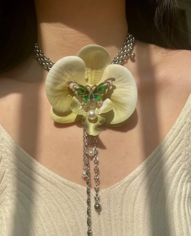 Cyber Punk Vintage Bead Butterfly Orchid Choker, Titanium Steel Chunky Chain Necklace,Y2KAccessories, Perfect Unique Handmade Gift
