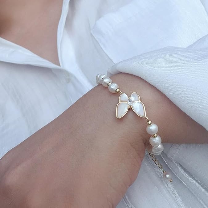 Textured Pearl Butterfly Bracelet with Moonlight Charms, White, Versatile Daily Accessory