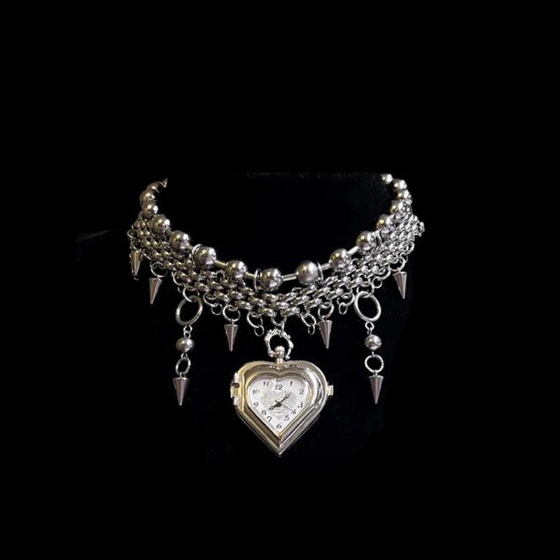Y2K Punk Heavy duty Heart Watch Pendant Necklace Multilayer Layered Choker Long Chain Pendant Necklace for Women Jewelry
