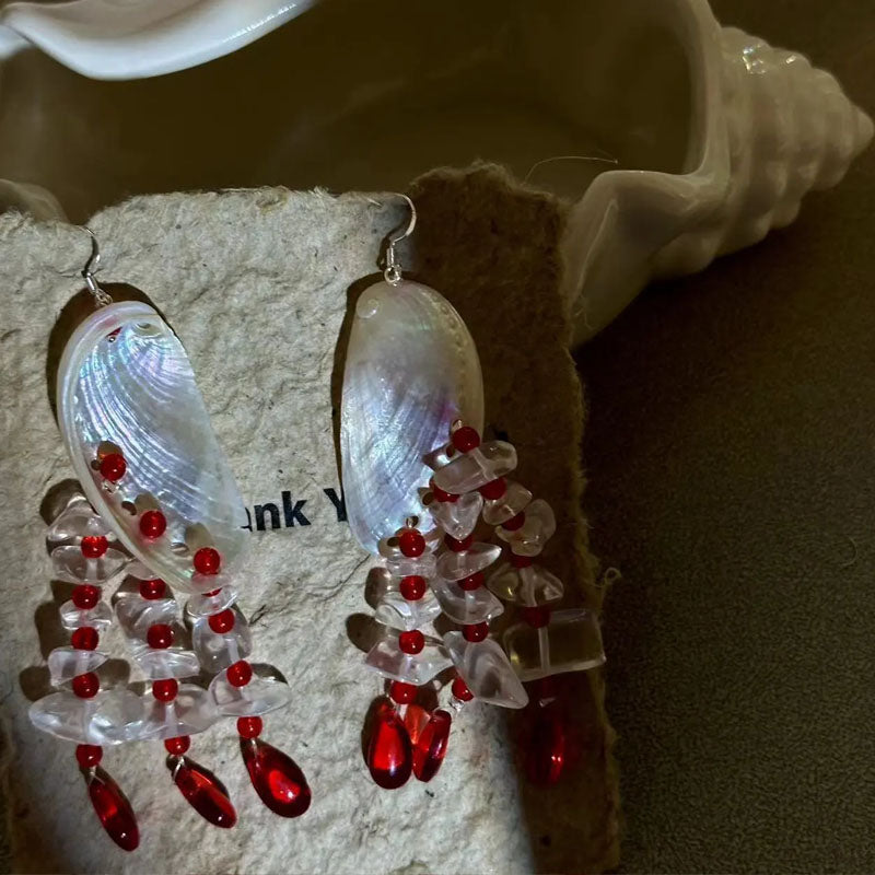 Natural Seashell Earrings, Boho Style Beach Earrings,Ocean Pearl Shell Earrings,Crystal glass bead, Dangling Earrings for Women blue/red