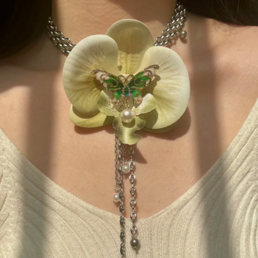 Cyber Punk Vintage Bead Butterfly Orchid Choker, Titanium Steel Chunky Chain Necklace,Y2KAccessories, Perfect Unique Handmade Gift