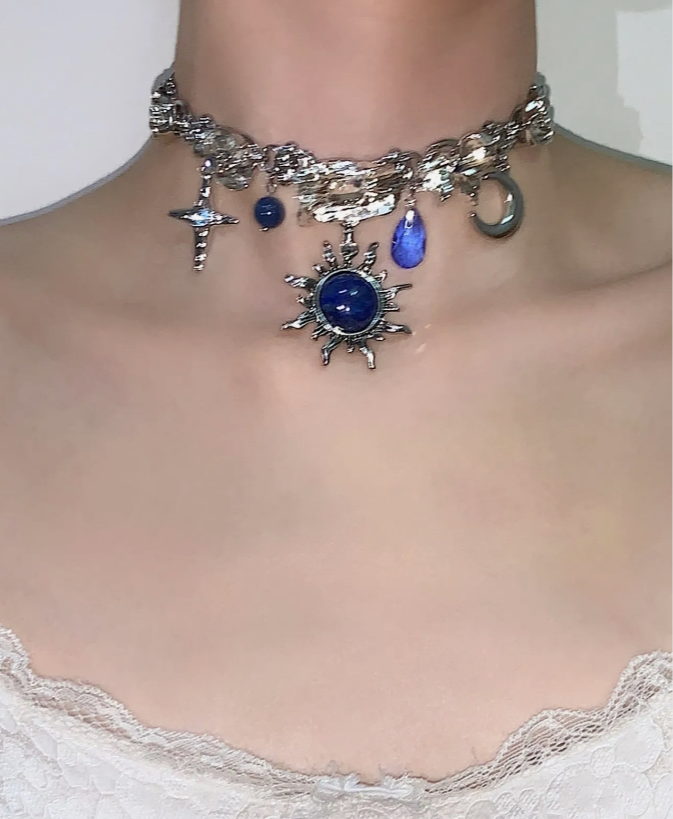 Cyber Punk Vintage Chunky Metal Chain Necklace,Silver Star Moon Pendant Choker, Trendy Jewelry, Y2KAccessories, Perfect Unique Handmade Gift