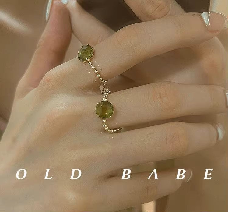 MoJone French Chic Gold-plated Adjustable Green Crystal Ring for Female