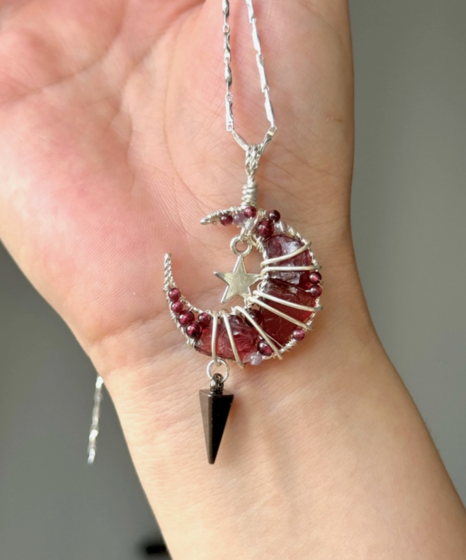 MoJone Original Handmade Moon-shaped Pendant, Natural Stone and Silver-plated Necklace