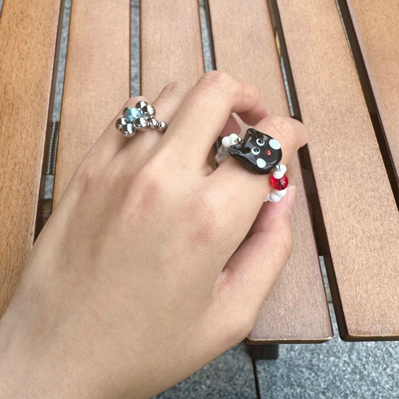 Cute Cat Beaded Ring Female Black Cat Head Index Finger Rings Fashion Jewelry